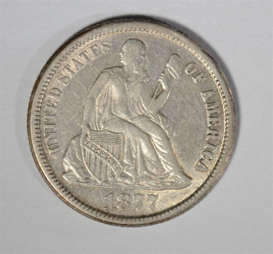 1877 SEATED LIBERTY DIME, XF