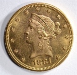 1881-S $10 GOLD LIBERTY CH BU