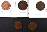 5 INDIAN HEAD CENTS: 1907 BU, 1908 BU,