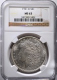 1921-D MORGAN DOLLAR, NGC MS-63 WHITE