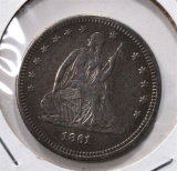 1861 SEATED LIBERTY QUARTER XF+