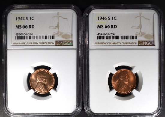 1942-S & 1946-S LINCOLN CENTS NGC MS66 RD