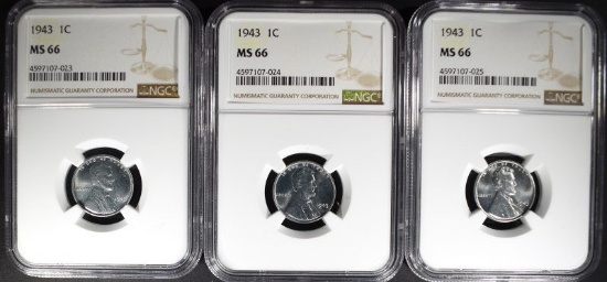 3- 1943 LINCOLN STEEL CENTS, NGC MS-66