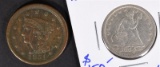 1851 BRAIDED HAIR LARGE CENT VF & 1854 SEATED