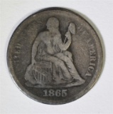 1865-S SEATED LIBERTY DIME, VF - RARE KEY DATE!