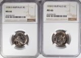 2-1938-D BUFFALO NICKELS, NGC-MS66