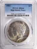 1921 HIGH RELIEF PEACE DOLLAR PCGS MS64