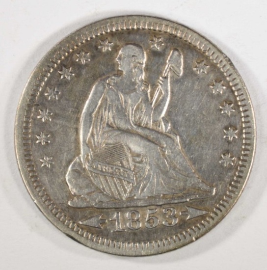 1853 ARROWS & RAYS SEATED QUARTER, XF/AU