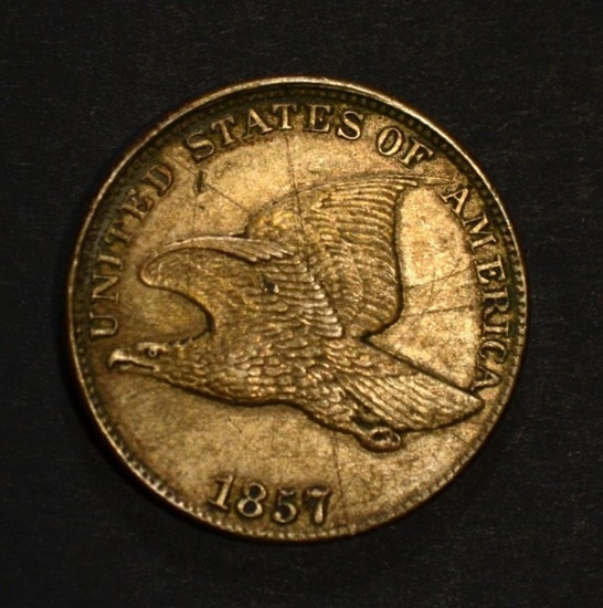 1857 FLYING EAGLE CENT, XF scratches