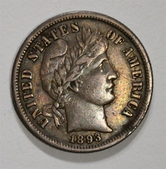 1893-S BARBER DIME, XF/AU NICE ORIGINAL COIN