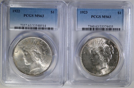1922 & 1923 PEACE SILVER DOLLARS, PCGS-MS63