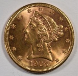 1904-S $5 GOLD LIBERTY CH BU