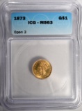 1873 $1.00 GOLD OPEN 3 ICG MS63