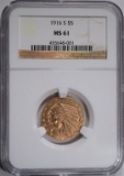 1916-S $5.00 INDIAN GOLD NGC MS 61  VERY NICE