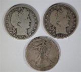 3 - GOOD HALF DOLLARS; 1906 & 1915
