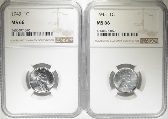 2-1943 LINCOLN STEEL CENTS, NGC MS66