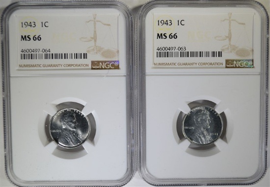 2-1943 LINCOLN STEEL CENTS, NGC MS66