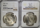 2- 1922 PEACE SILVER DOLLARS, NGC MS-64