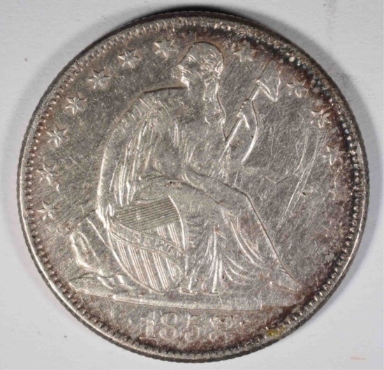 1858-O SEATED HALF DOLLAR, AU cleaned