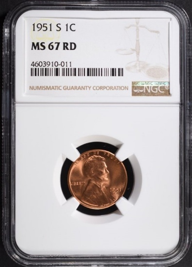 1951-S LINCOLN CENT, NGC MS-67 RED