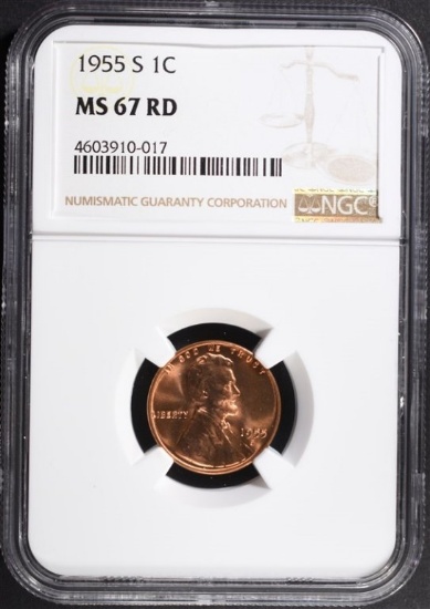 1955-S LINCOLN CENT, NGC MS-67 RED