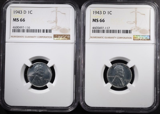 2-1943-D LINCOLN STEEL CENTS, NGC MS66