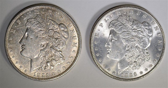 1921-D & 1886 MORGAN DOLLARS, CHOICE BU