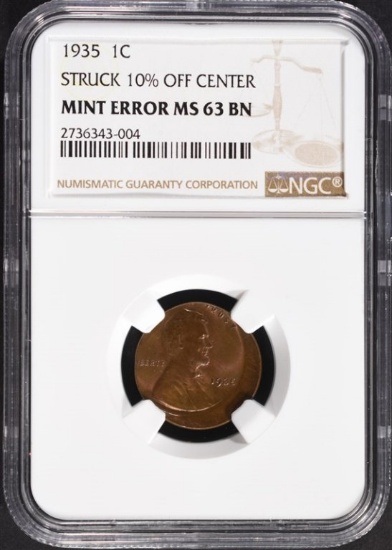 1935 MINT ERROR LINCOLN CENT NGC MS63 BN