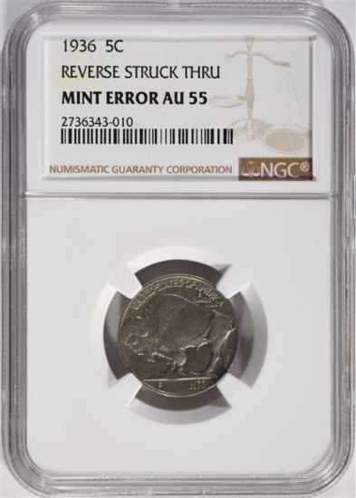 1936 MINT ERROR BUFFALO NICKEL, NGC AU-55