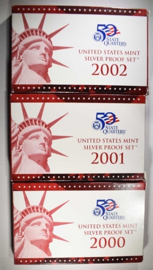 2000, 01 & 02 U.S. SILVER PROOF SETS  ORIG BOXES/C