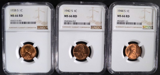1938-S, 42-S & 44-S LINCOLN CENT, NGC MS66RD