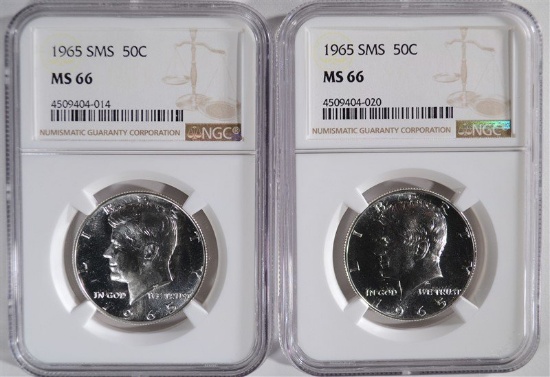 2-1965 SMS KENNEDY HALF DOLLARS, NGC-MS 66