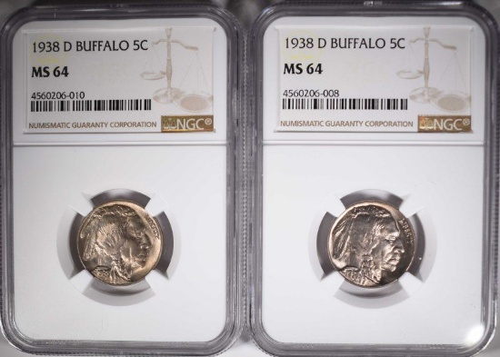 2-1938-D BUFFALO NICKELS, NGC-MS64