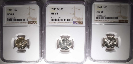 1944, 45 & 45-D MERCURY DIMES NGC MS-65