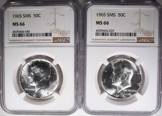 2-1965 SMS KENNEDY HALF DOLLARS, NGC-MS 66