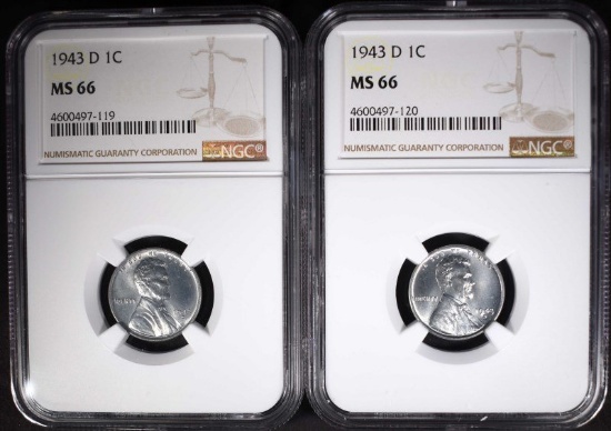 2-1943-D LINCOLN STEEL CENTS, NGC MS66