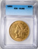 1853 $20 GOLD LIBERTY ICG AU-58