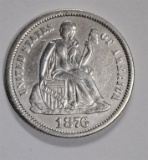 1876-CC SEATED LIBERTY DIME AU