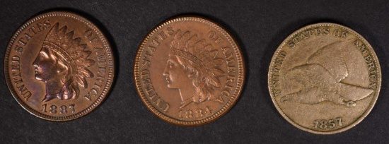 LOT OF 3: 1857 FLYING EAGLE CENT VF,