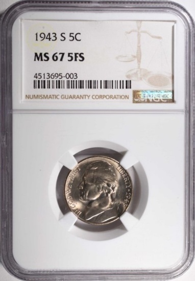 1943-S JEFFERSON NICKEL, NGC MS-67 FULL STEPS RARE