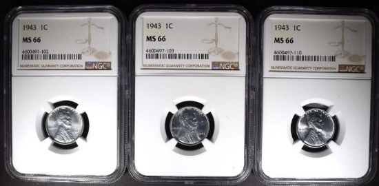 3-1943 LINCOLN STEEL CENTS, NGC MS66