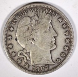 1907-D BARBER HALF DOLLAR VF+