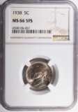 1938 JEFFERSON NICKEL, NGC MS-66 FULL STEPS