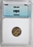 1906 BARBER DIME, EMGC CH/GEM BU