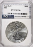 1996 AMERICAN SILVER EAGLE, PCI PERFECT GEM BU