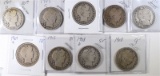 9 DIFFERENT BARBER HALF DOLLARS GOOD-VG/FINE