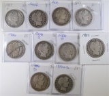 10 DIFFERENT BARBER HALF DOLLARS GOOD-VG/FINE