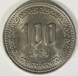 1974 SOUTH KOREA 100 WON, CH BU KEY DATE