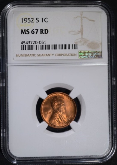 1952-S LINCOLN CENT, NGC MS-67 RED