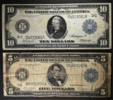 FRN 1914: $5 Has Tear & $10 VERY FINE